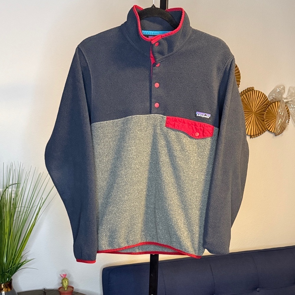 Patagonia Colorblock Blue and Heather Gray Synchilla Snap-T Fleece Pullover XS
